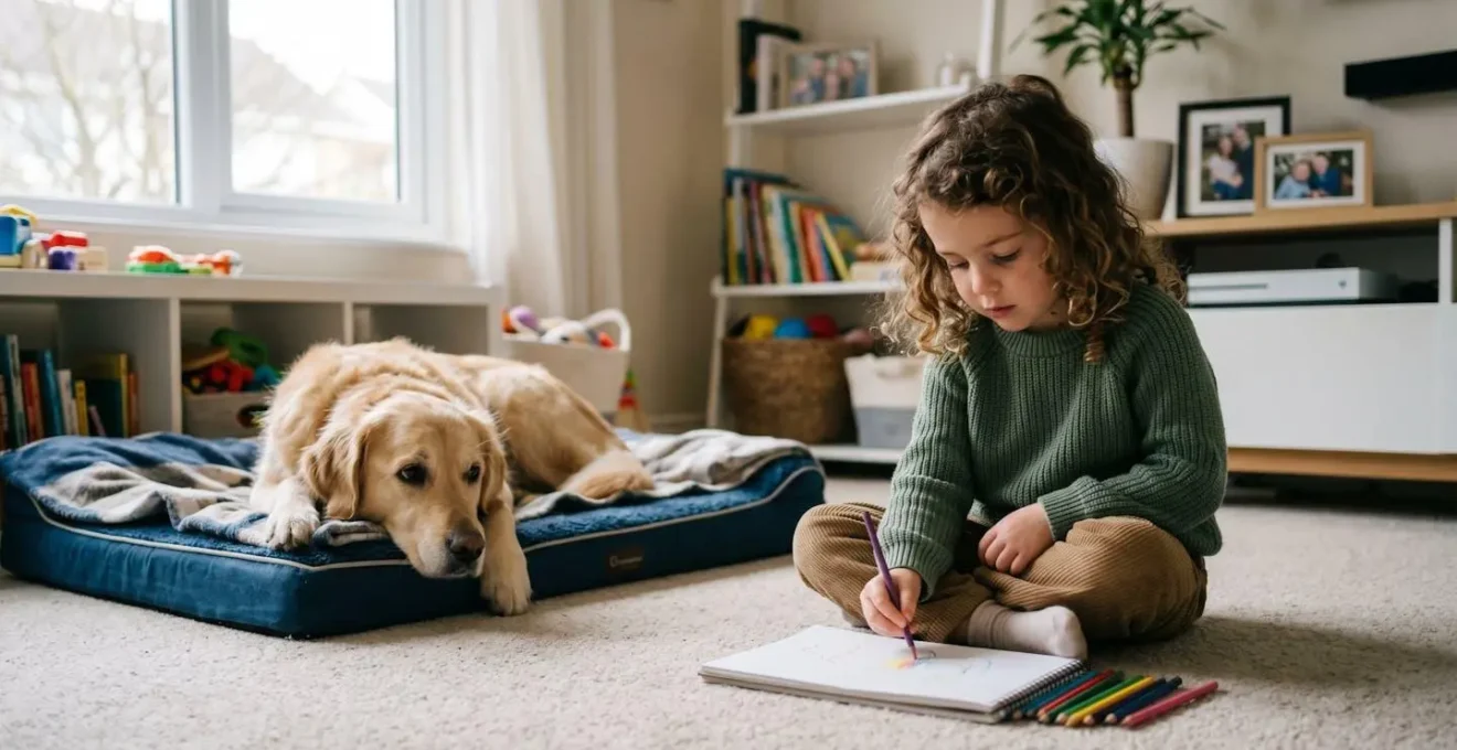 Scène montrant la cohabitation sécurisée entre un enfant et un chien avec un espace de respect mutuel