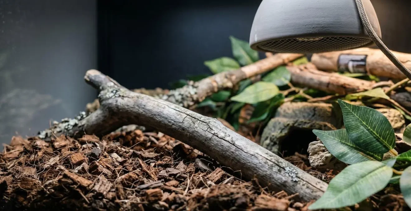 Terrarium professionnel pour lézard débutant avec équipements techniques visibles mais sans marques lisibles