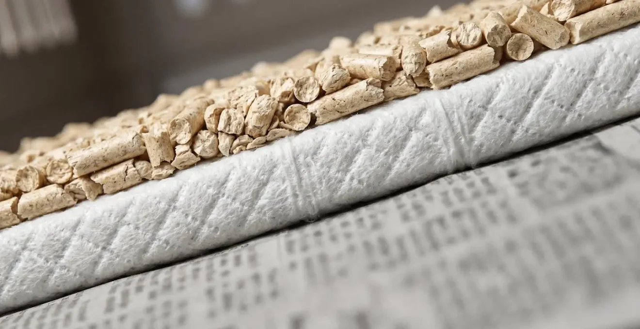 Vue macro des textures de matériaux absorbants superposés utilisés dans les caisses de transport pour animaux