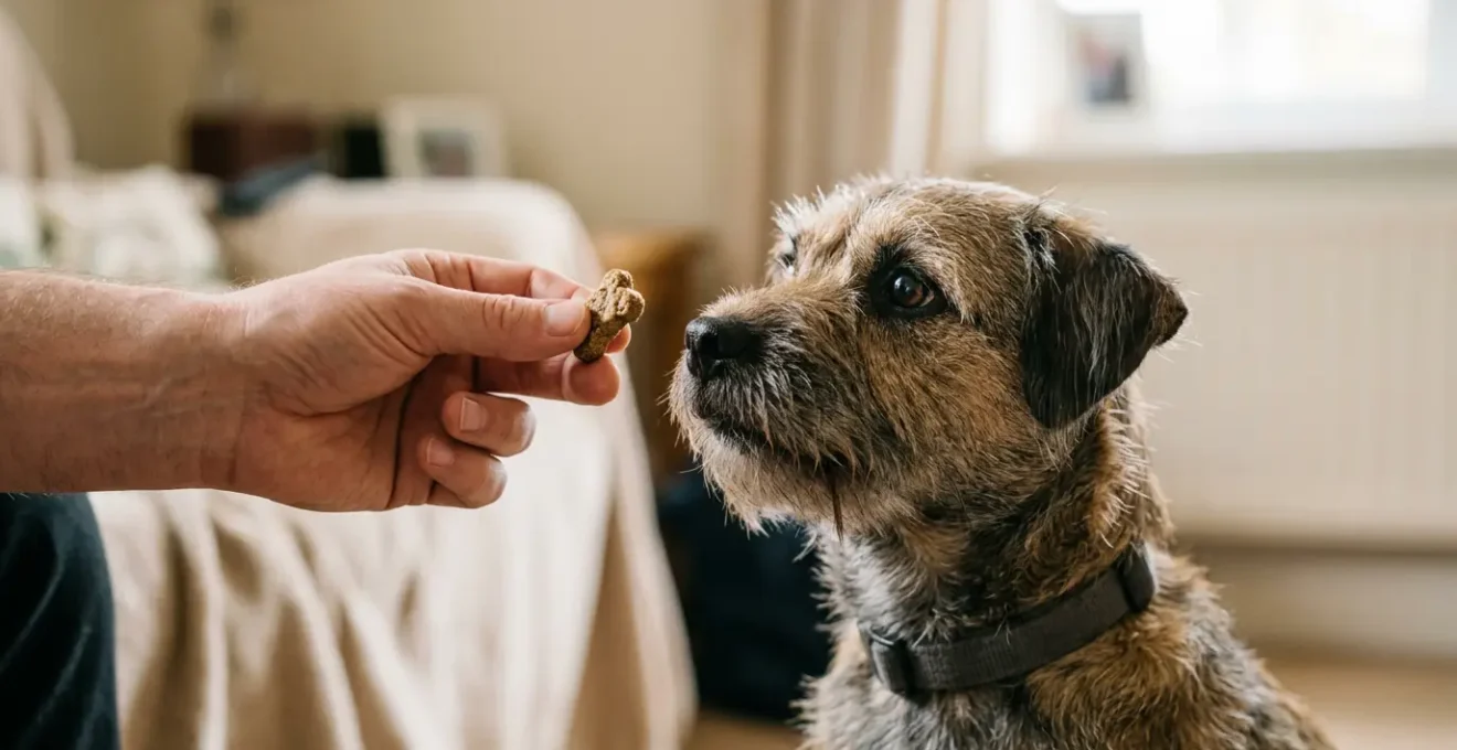 Main humaine offrant une friandise à un chien attentif illustrant la précision du timing en éducation canine