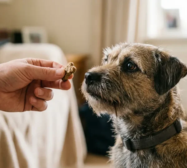 Main humaine offrant une friandise à un chien attentif illustrant la précision du timing en éducation canine