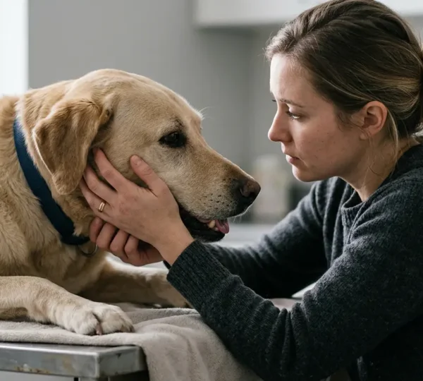 Propriétaire accompagnant son chien en situation d'urgence vers les soins vétérinaires
