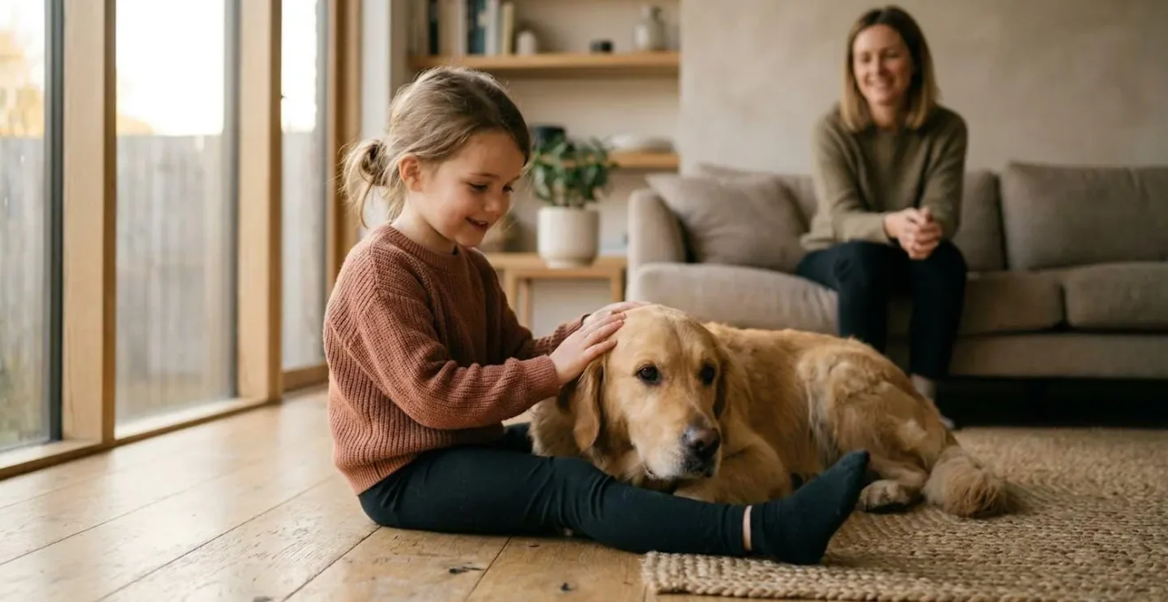 Scène familiale avec chien et enfants illustrant l'importance de la vermifugation