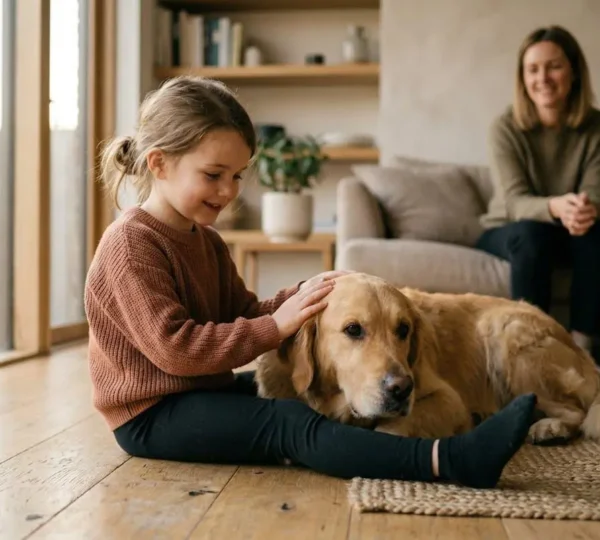 Scène familiale avec chien et enfants illustrant l'importance de la vermifugation