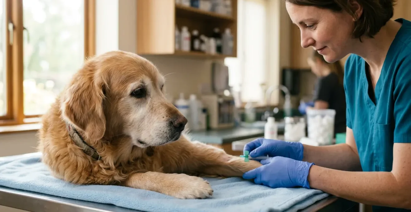 Vétérinaire effectuant un prélèvement sanguin sur un chien senior dans une clinique moderne
