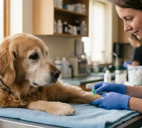 Vétérinaire effectuant un prélèvement sanguin sur un chien senior dans une clinique moderne